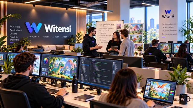 Illustration of the Witensi studio: an open space with screens showing the game, a whiteboard, and the Witensi logo on the wall