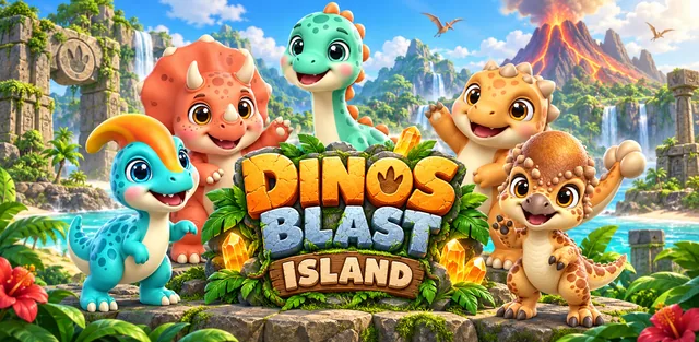Dinos Blast Island key art: five cartoon dinosaurs around the game logo on a tropical island with a volcano