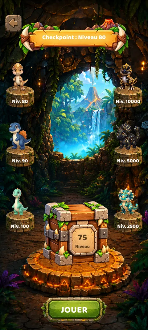 Adventure map screen: a chest at level 75, a checkpoint at level 80 and dinosaurs displayed with their levels
