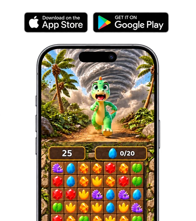 Smartphone showing Dinos Blast Island gameplay, with App Store and Google Play badges above it