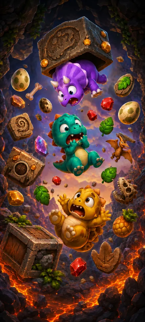 Loading screen: dinosaurs, gems and treasure chests falling through a volcanic cave